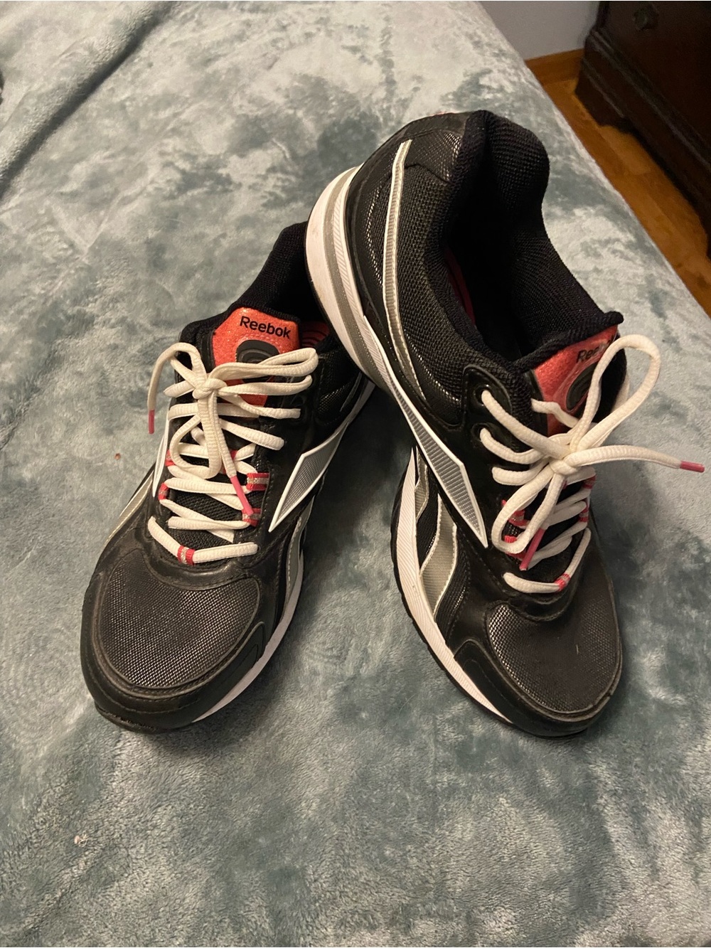Womens Reebok Black and White Running Sneakers with Pink Highlights